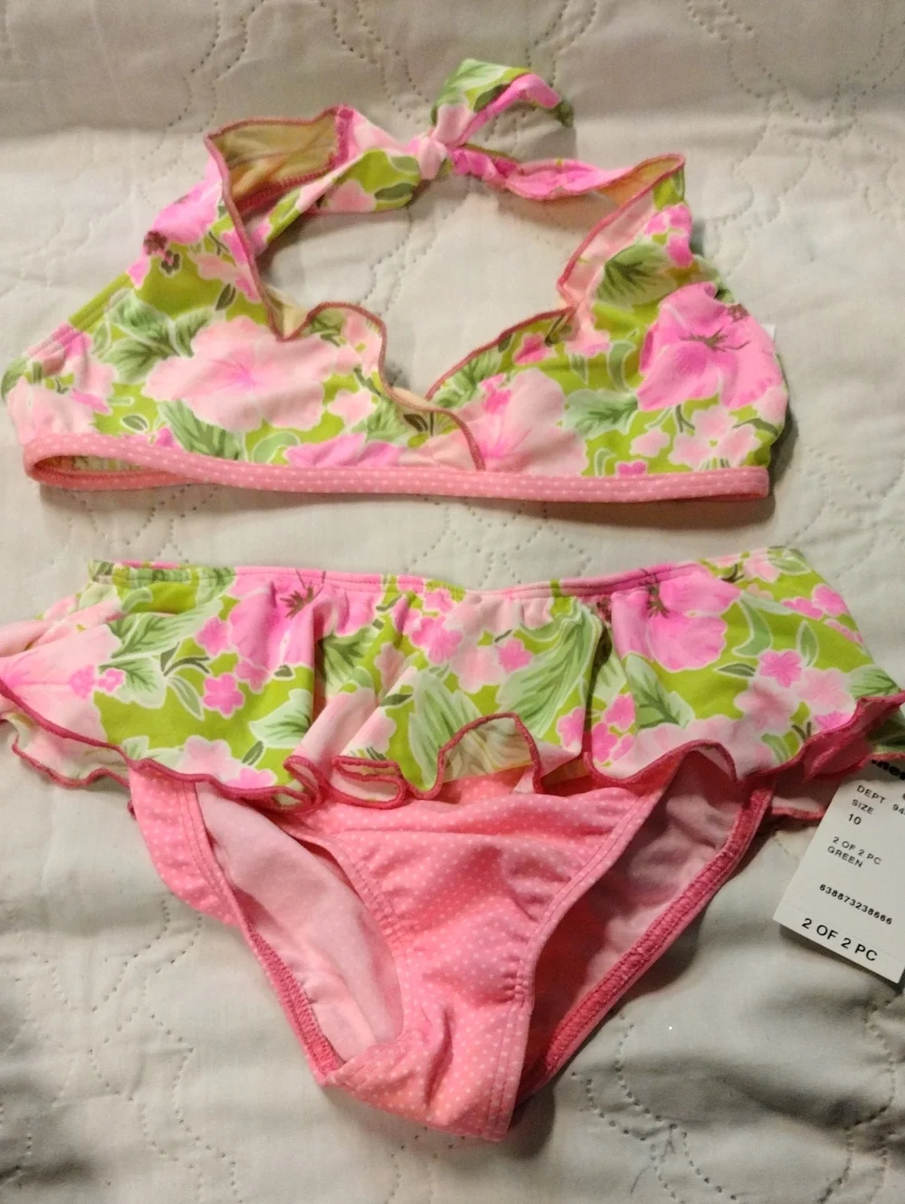 Pink & Green Floral Ruffle Bikini Set